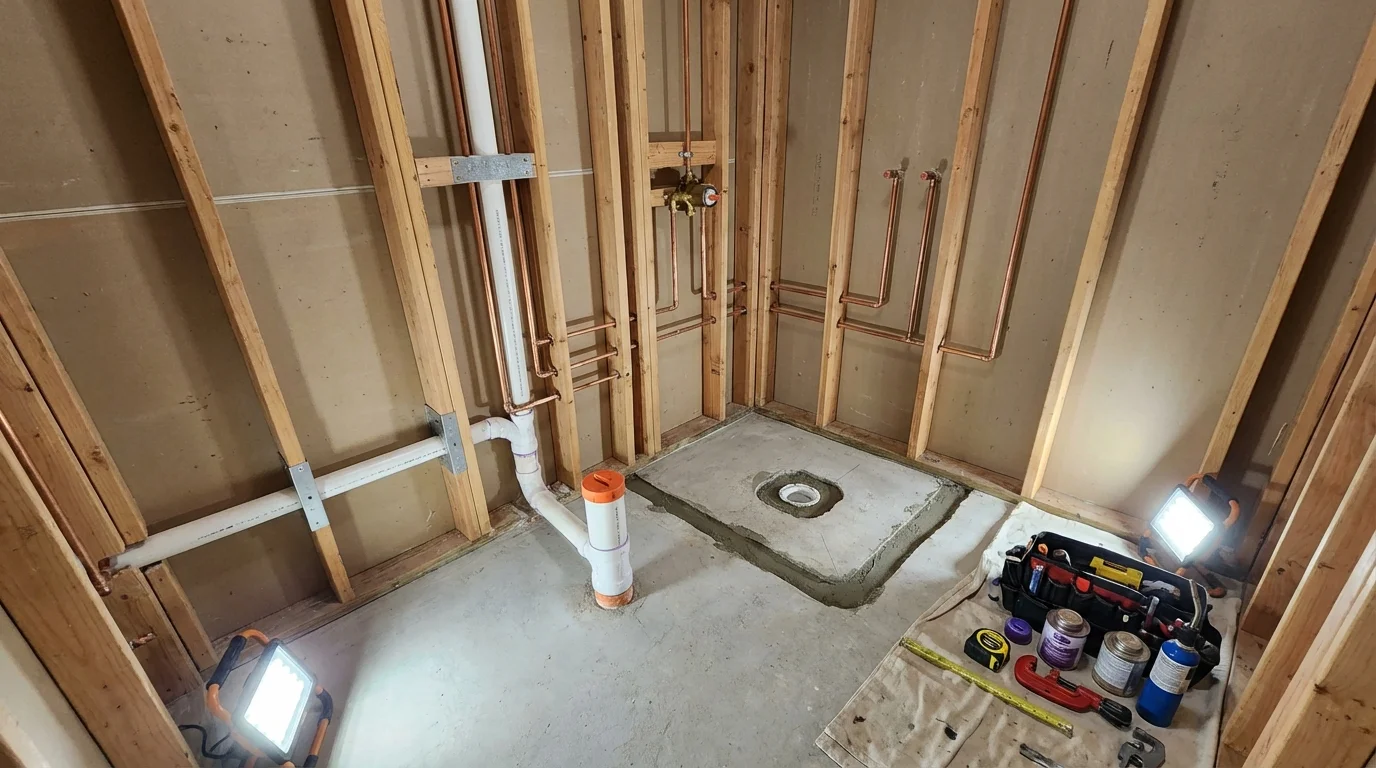 Bathroom rough-in plumbing during remodel by Johns Plumbing LLC in Gresham