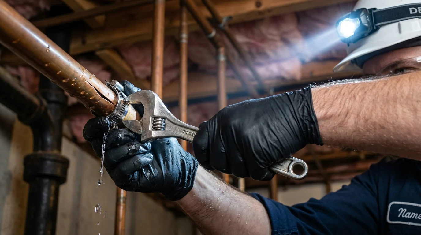 Emergency pipe clamp repair being performed by a Johns Plumbing LLC plumber in Gresham