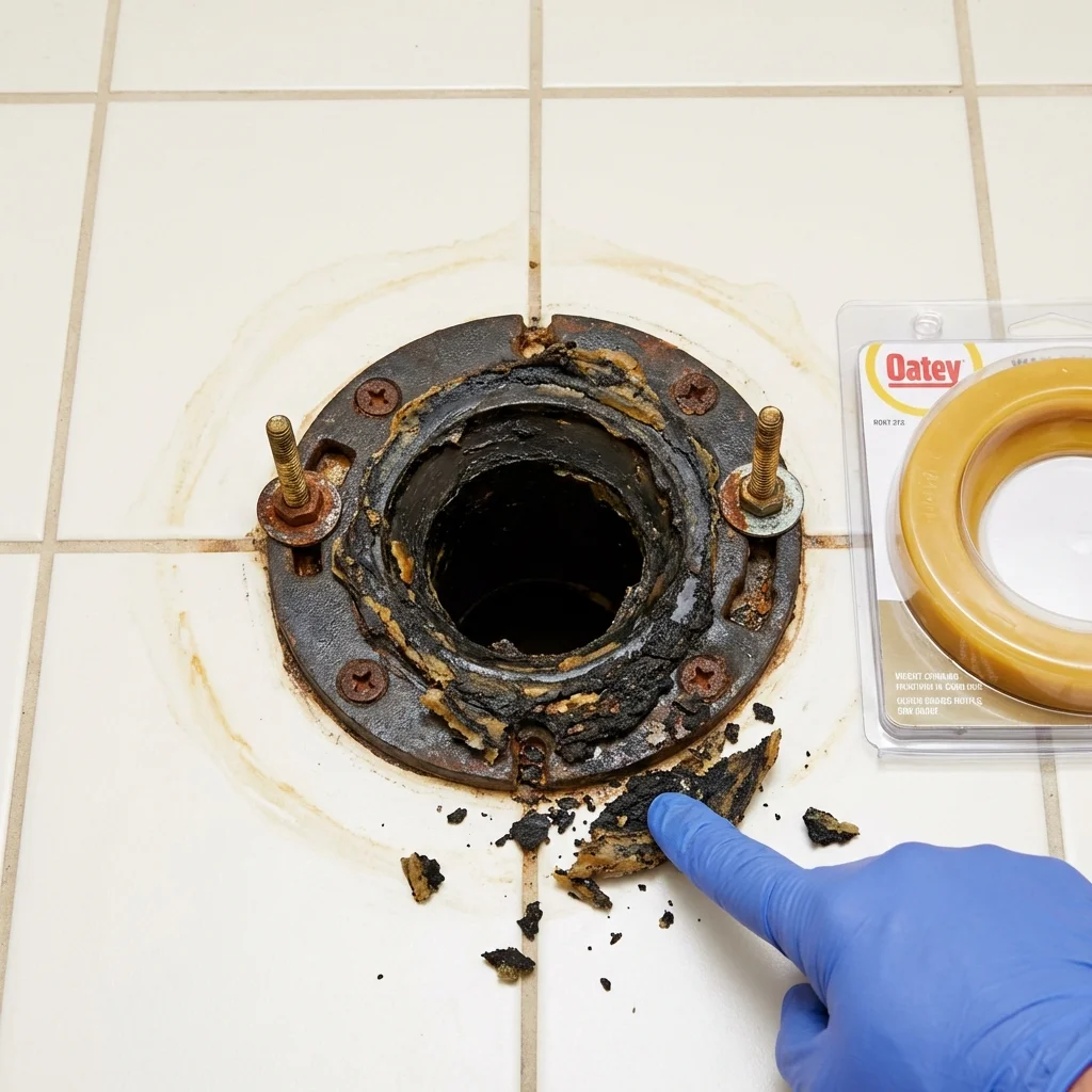 Failed wax ring showing water seepage at the base of a toilet in a Gresham, OR home