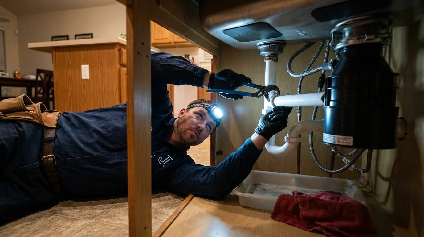 P-trap and supply line connections under a kitchen sink showing a common leak point in Gresham, OR